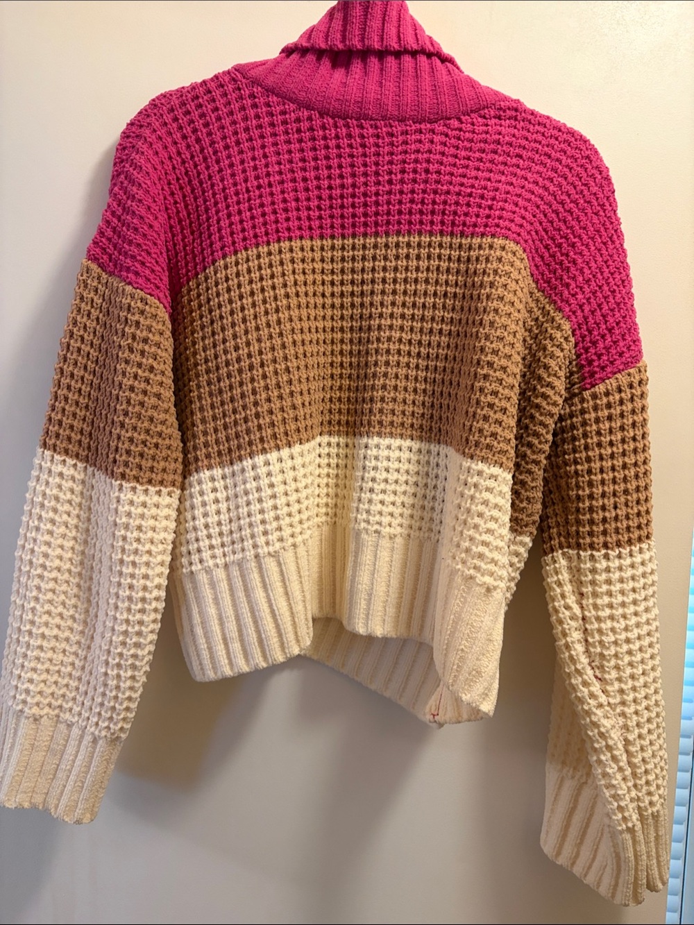 Hippie Rose Colorblock Waffle-Knit Cowl Neck Sweater in Pink, Brown & Cream